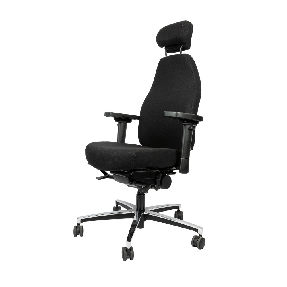 Zwarte ergonomische bureaustoel met hoofdsteun